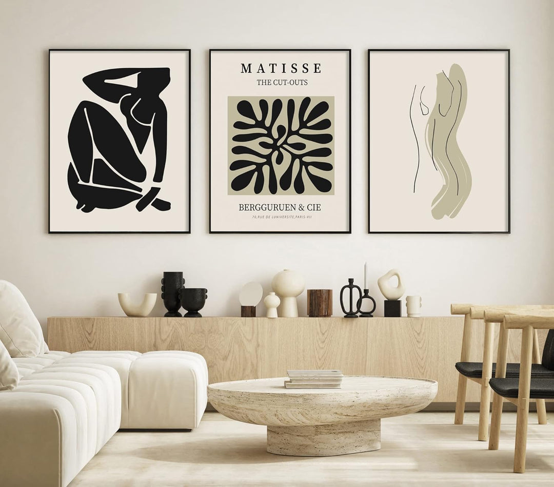 ag.art deco Moderne Poster Set | 3 Stück 50x70cm | Stilvolle beige und schwarze Matisse-Postercollag