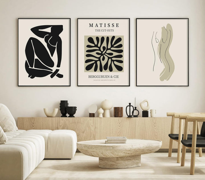 ag.art deco Moderne Poster Set | 3 Stück 50x70cm | Stilvolle beige und schwarze Matisse-Postercollag