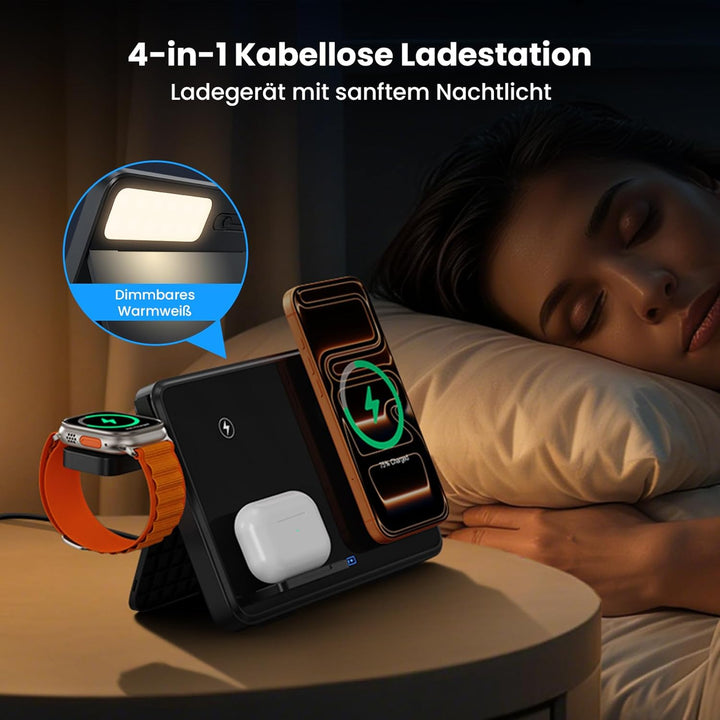 Dual Induktive Ladestation für iPhone & Samsung – Faltbarer 4-in-1 Wireless Charger mit Nachtlicht f