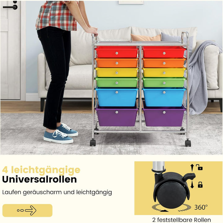 COSTWAY Rollwagen mit 12 stapelbaren Schubladen, Schubladenwagen Rollcontainer mit Metallgestell und