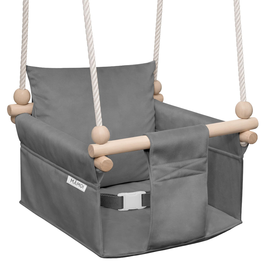 MAMOI® Babyschaukel Kinderschaukel Holz + SICHERHEITSGURT, Schaukel für Kinder Garten Indoor Outdoor