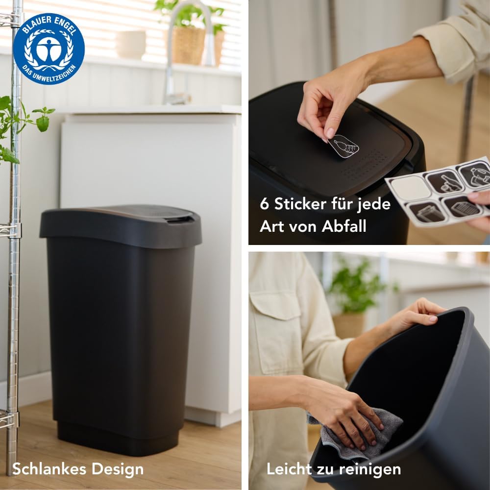 Rotho Twist Mülleimer-Set, 3 Stück, mit Klappdeckel, BPA-frei, schwarz/silber, 10L, 25L und 50L