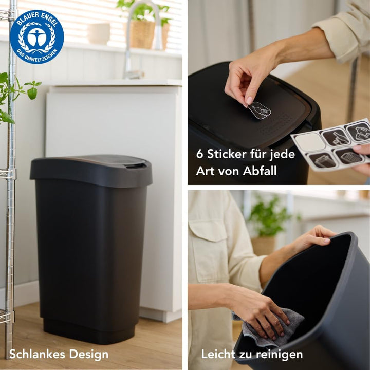 Rotho Twist Mülleimer-Set, 3 Stück, mit Klappdeckel, BPA-frei, schwarz/silber, 10L, 25L und 50L