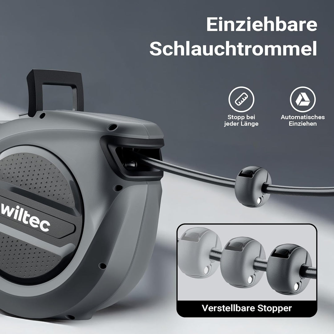 Wiltec Druckluft Schlauchtrommel 15 m, automatische Druckluftschlauchtrommel Stahl, 17 bar Druckluft