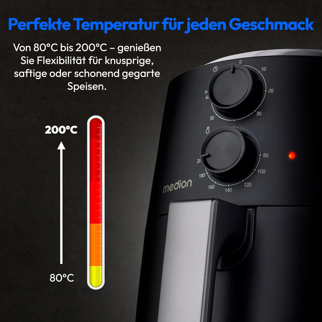 MEDION P30 L Heissluftfritteuse (4,7 Liter, Airfryer, 1500 Watt, einfache Bedienung, ölfreies Fritti