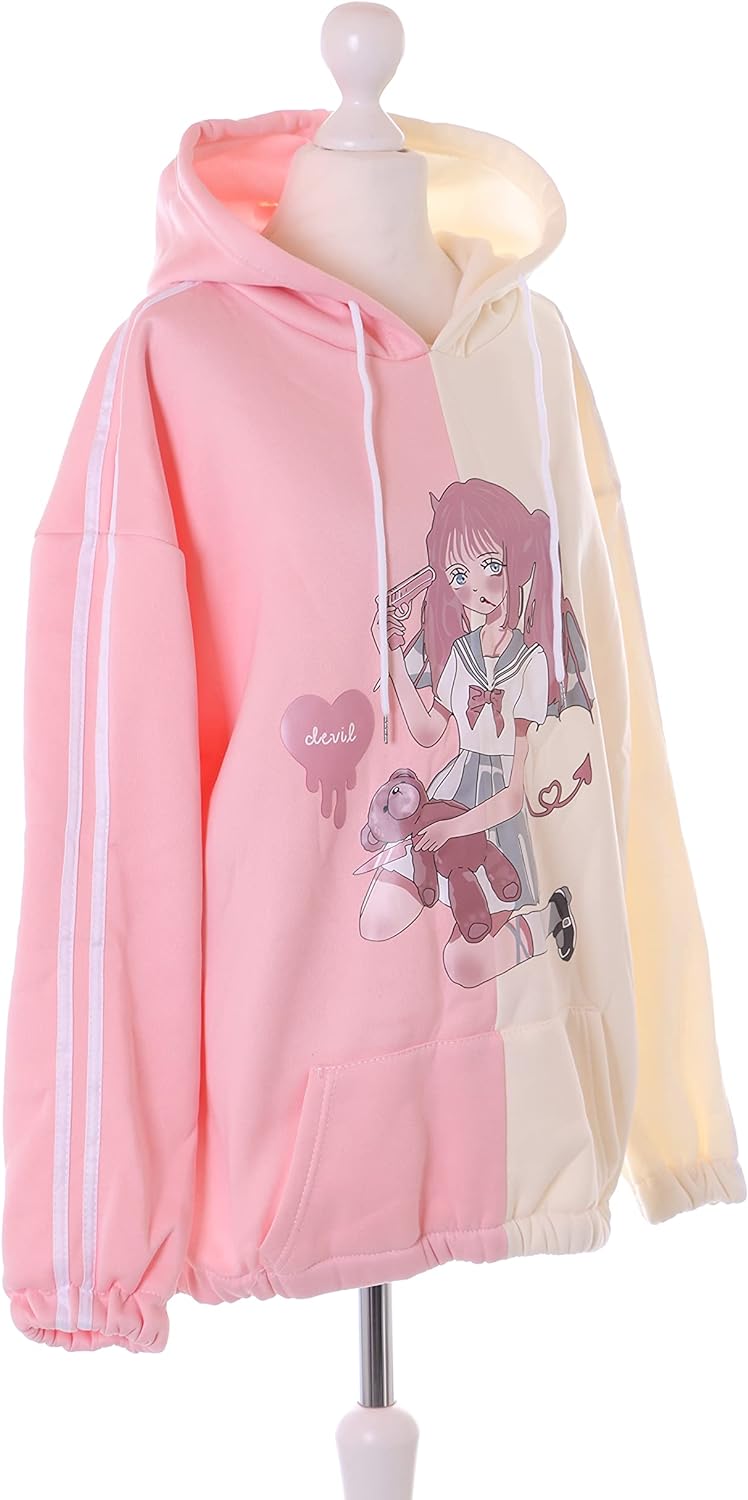Kawaii-Story TS-313-3 Rosa beige Patch Manga Zeichnung Grafik Hoodie Sweatshirt Pullover Pastel Goth