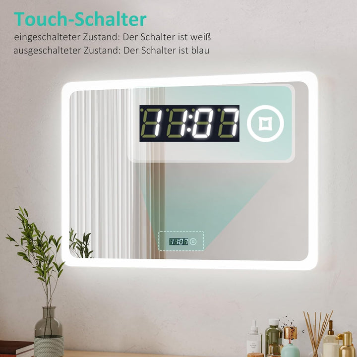 Boromal LED Badspiegel mit Uhr 80x60cm Badezimmerspiegel mit Beleuchtung 6500K Kaltweiss Wandspiegel