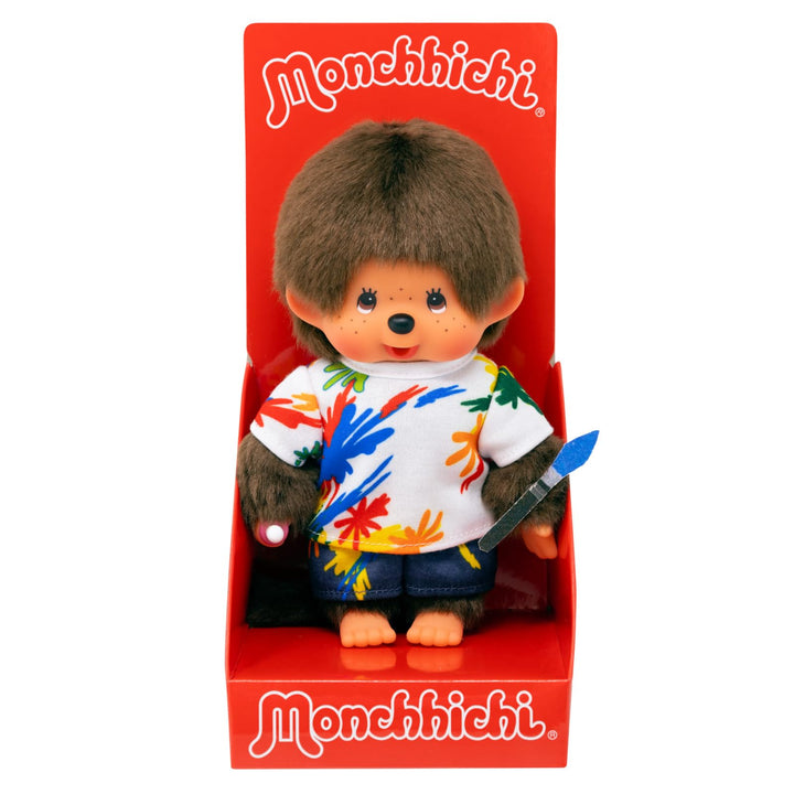 Sekiguchi 203826 - Original Monchhichi Junge Künstler, ca. 20 cm grosses Kuscheltier aus braunem Plü