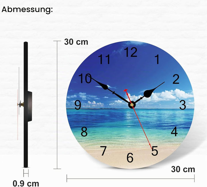 TAHEAT 30 cm Blau Meer Strand Wanduhr, Lautlos Geräuschlos Batteriebetrieben Uhren, Schön Himmel Wol