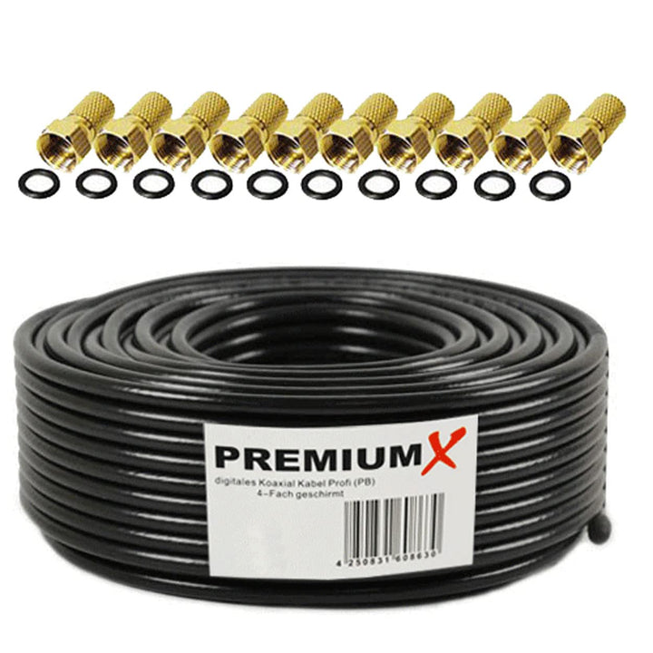 Premium X 25m Profi Koaxialkabel Schwarz 135dB 4-Fach CU Kupfer Satelliten Koax-Kabel SAT Antennenka