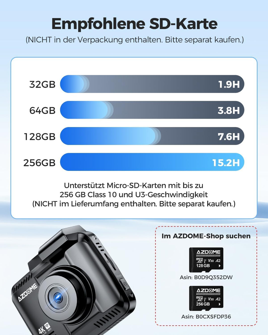 AZDOME Autokamera mit 4K Auflösung, WiFi Dashcam mit GPS und Loop-Aufnahme, Dash Cam mit 170° Weitwi