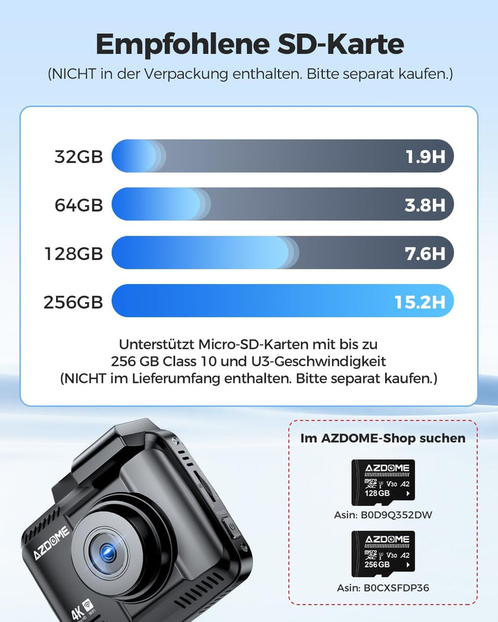AZDOME Autokamera mit 4K Auflösung, WiFi Dashcam mit GPS und Loop-Aufnahme, Dash Cam mit 170° Weitwi