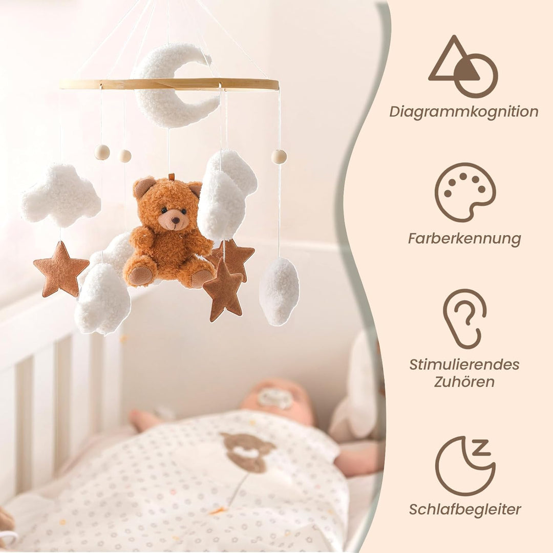 Herfair Mobile Baby Bettglocke mit Teddybär Hölz Mädchen Hängende Mobile Windspiel für Babybett Kind