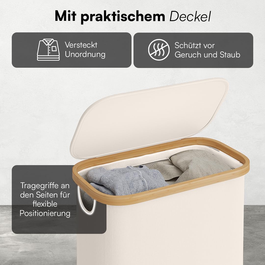 Bellamio Tolt Wäschekorb, Beige, schmaler Wäschesammler 65 L mit Deckel | Wäschesammelbox aus Oxford