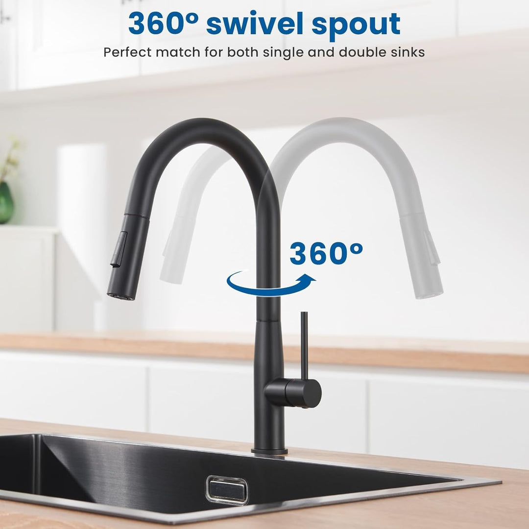 Auralum Wasserhahn Küche Schwarz, Hochdruck Küchenarmatur mit Brause Ausziehbar, Schwarz Armatur Küc