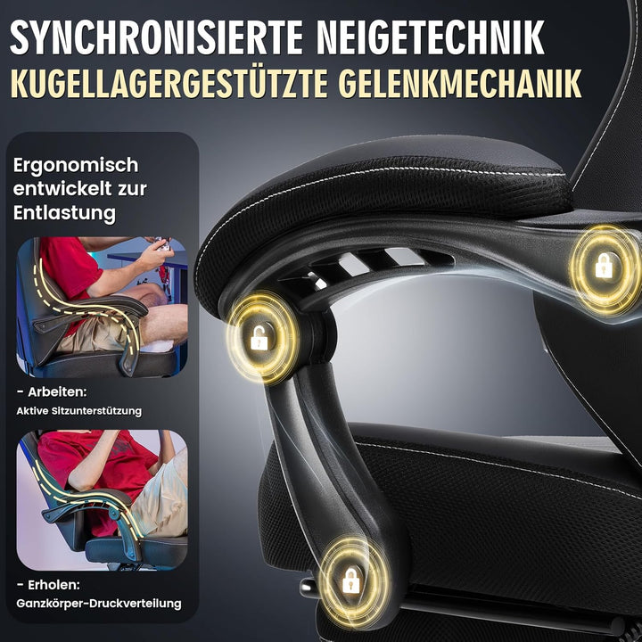 GTPLAYER Gaming Stuhl, Ergonomischer Gamer Sessel mit Fussstütze, Bürostuhl Höhenverstellbar mit Kop
