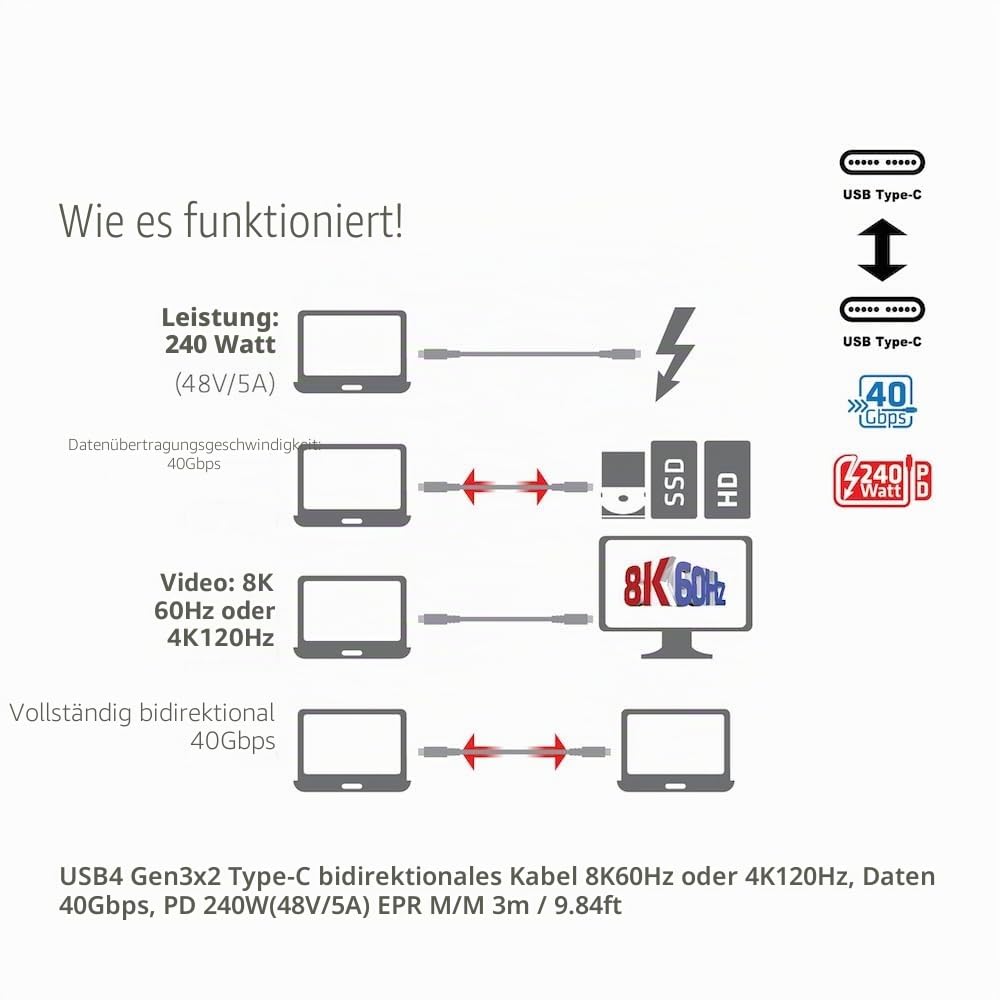 Club3D CAC-1579 USB4 Gen3x2 Type-C Bi-Direktionale Kabel 8K60Hz oder 4K120Hz, Data 40Gbps, PD 240W(4