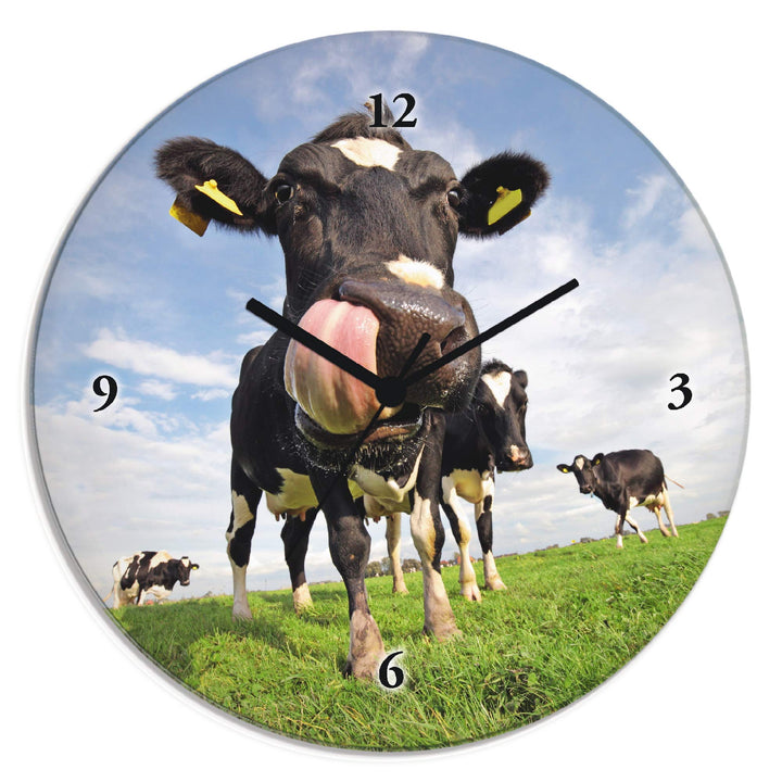 ARTLAND Wanduhr ohne Tickgeräusche Glas Quarzuhr Ø 30 cm Rund Lautlos Tiere Kuh Lustig Ländlich Hips