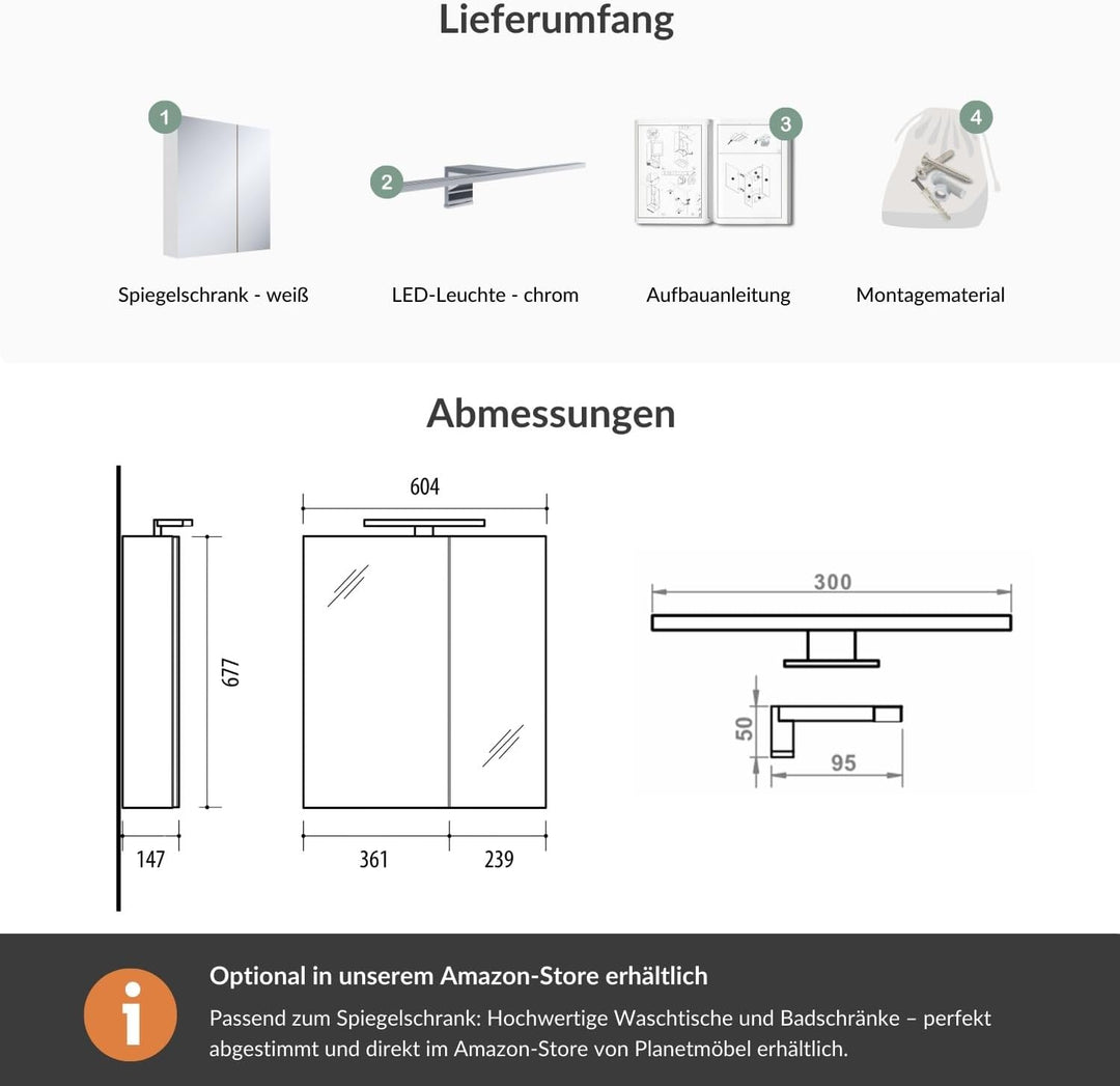 Planetmöbel Spiegelschrank Badezimmer 60cm Weiss, Badezimmerschrank mit Spiegel und LED Beleuchtung,