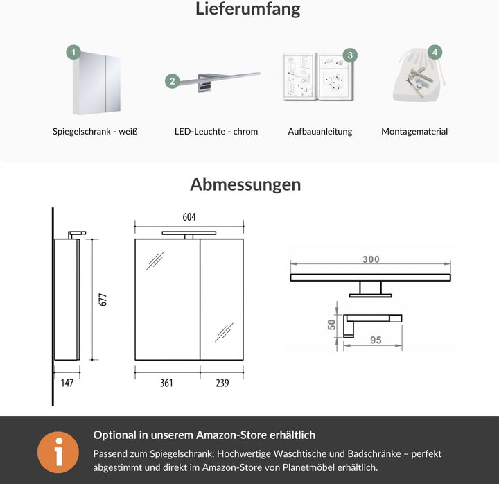 Planetmöbel Spiegelschrank Badezimmer 60cm Weiss, Badezimmerschrank mit Spiegel und LED Beleuchtung,