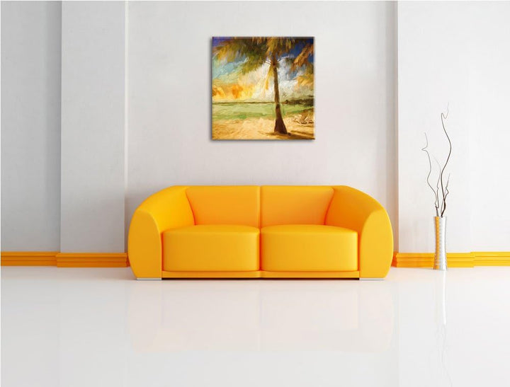 Pixxprint Palmen am Strand als Leinwandbild/Grösse: 70x70 cm/Wandbild/Kunstdruck/fertig bespannt, 70