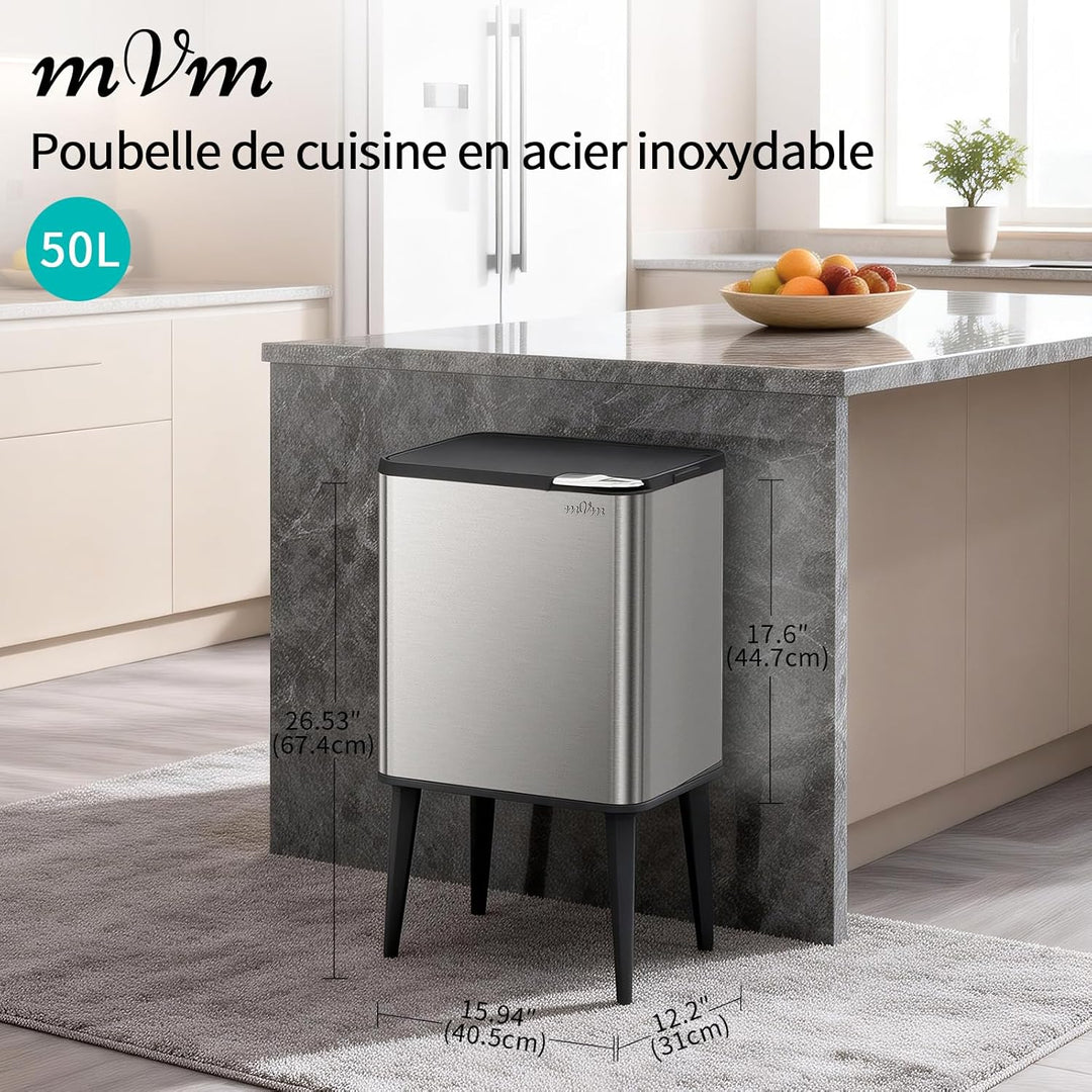 mVm Küchen & Büromülleimer 50L, Edelstahl, Rechteckig, Mit Deckel & Geruchsfilter, Sanftschliessend