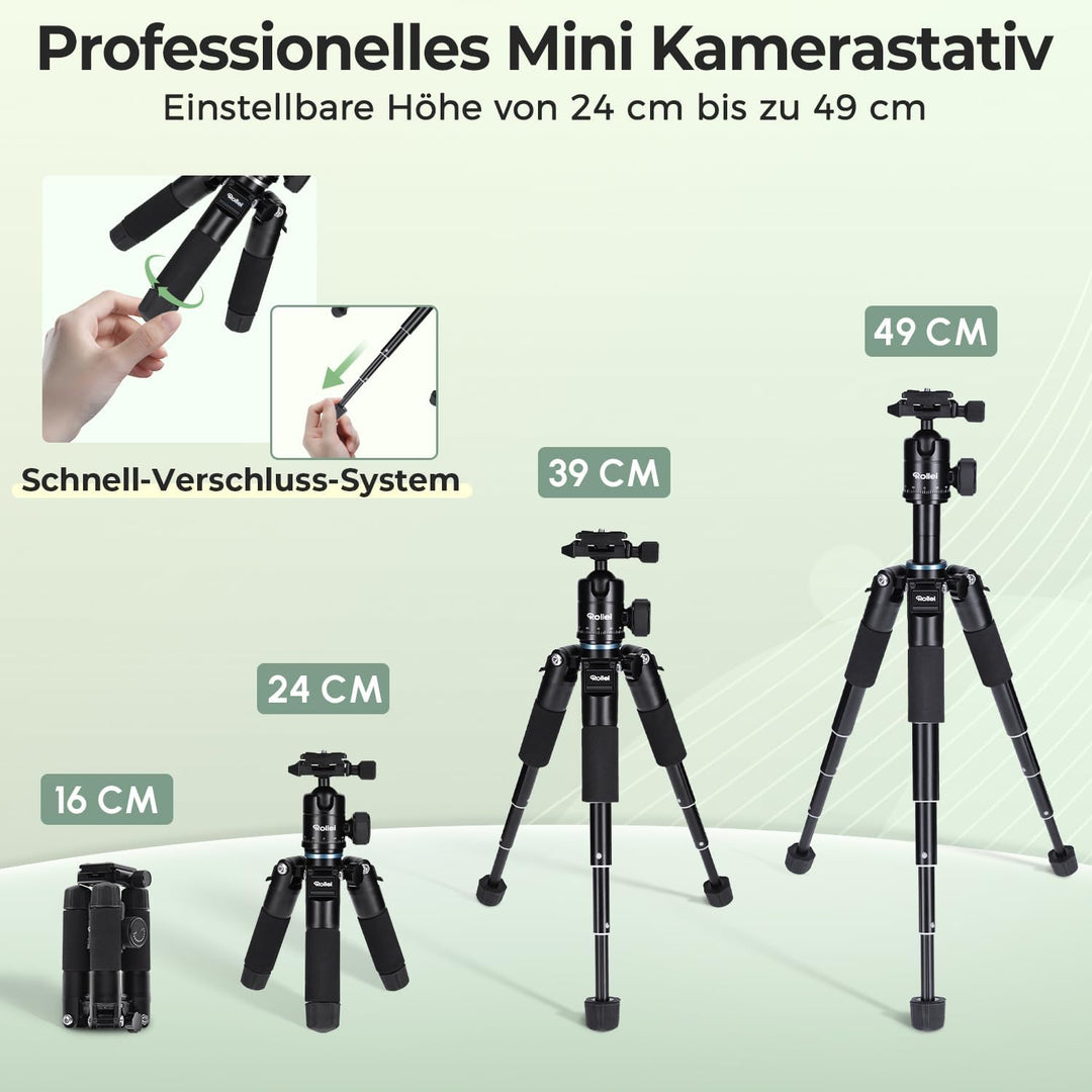 Rollei Compact Traveler Mini M1 I Schwarz I Leichtes Mini-Reisestativ aus Aluminium I Foto-Stativ mi