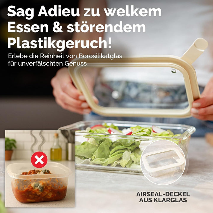 Frischhaltedosen Set 4x1020ml – Borosilikatglas, Glasbehälter luftdicht & mikrowellengeeignet, Meal