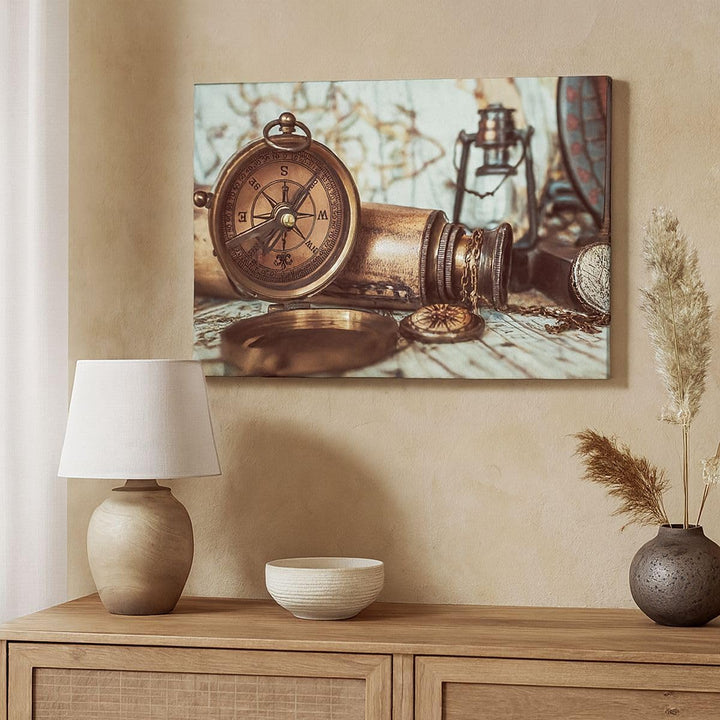 Bilder auf Leinwand 100x70cm Leinwandbild Kompass Teleskop Abenteuer antik Gross Wanddeko Bild Schla