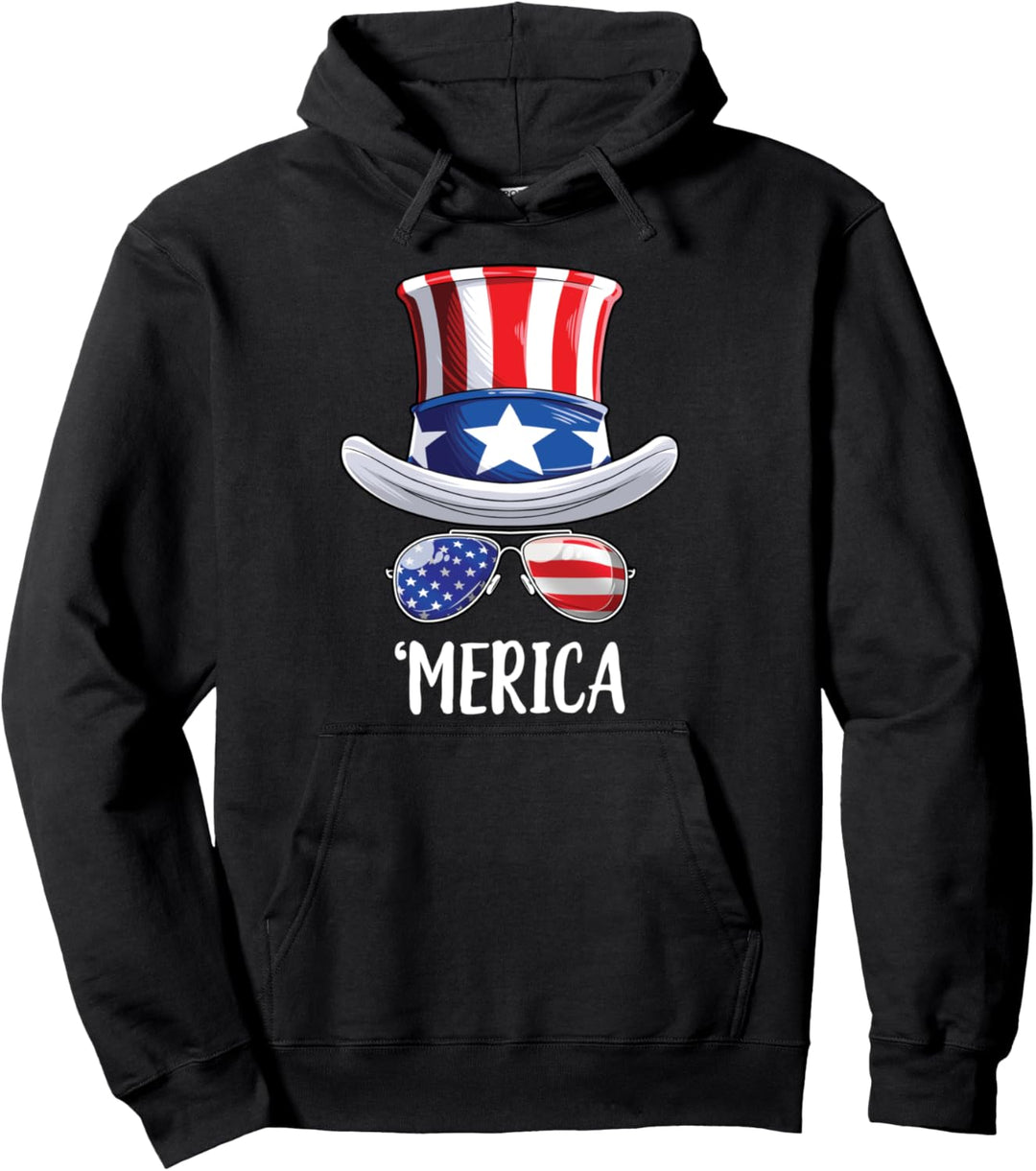 Merica 4th Of July Uncle Sam Men American Flag Sunglasses Pullover Hoodie