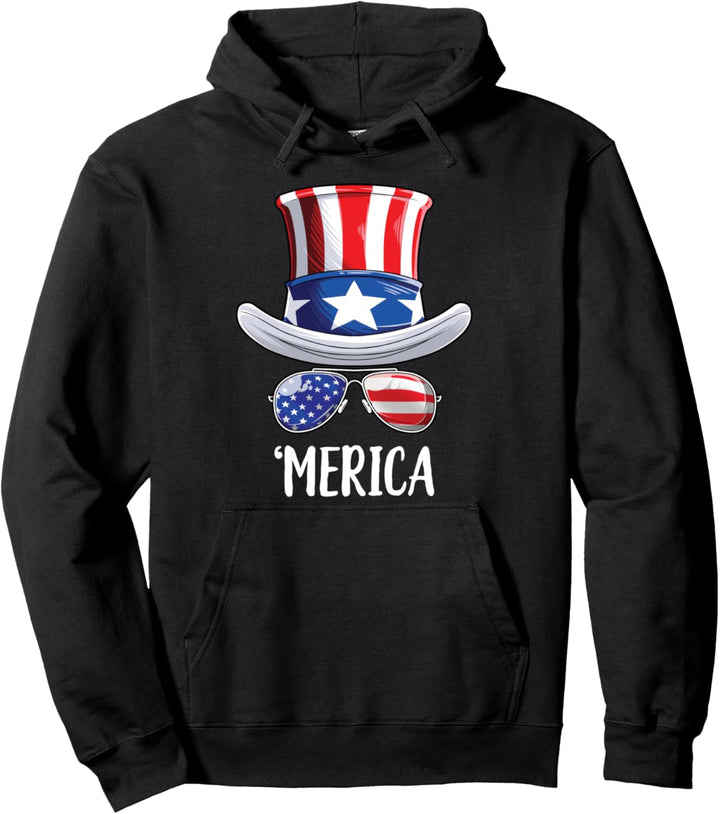Merica 4th Of July Uncle Sam Men American Flag Sunglasses Pullover Hoodie