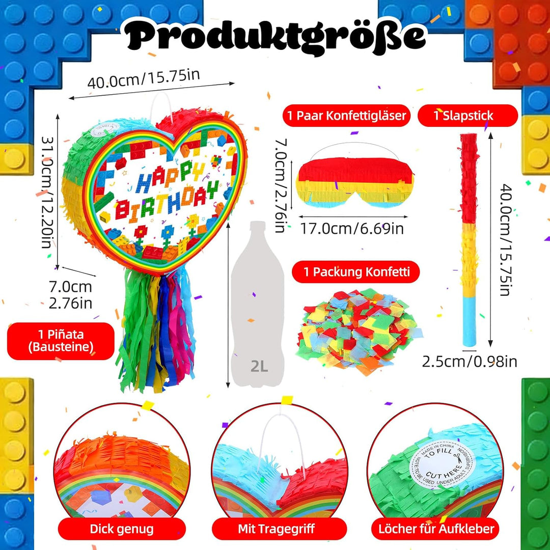 Pinata Geburtstag Happy Birthday Baustein Pinjatta mit Augenbinde und Stock zum Aufhängen Befüllen F