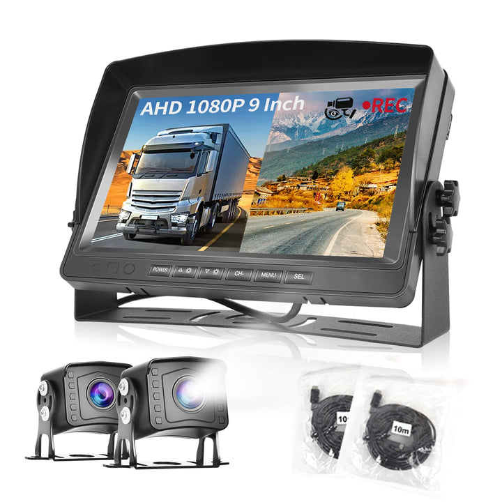Dual Backup Kamera Rückfahrkamera System, Videoaufzeichnung 9 Zoll LCD Monitor DVR, IP69 Wasserdicht