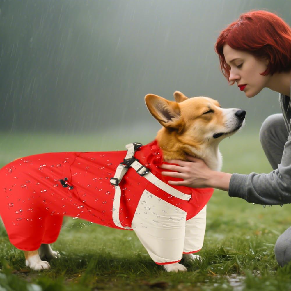 PETCUTE Hunde Regenmantel,Wasserdichter Hunde-Regenjacke mit Integriertem Geschirr,Abnehmbare Kapuze