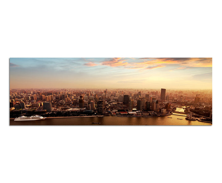 Paul Sinus Art Panoramabild auf Leinwand und Keilrahmen 150x50cm Shanghai Skyline Sonnenuntergang Wo