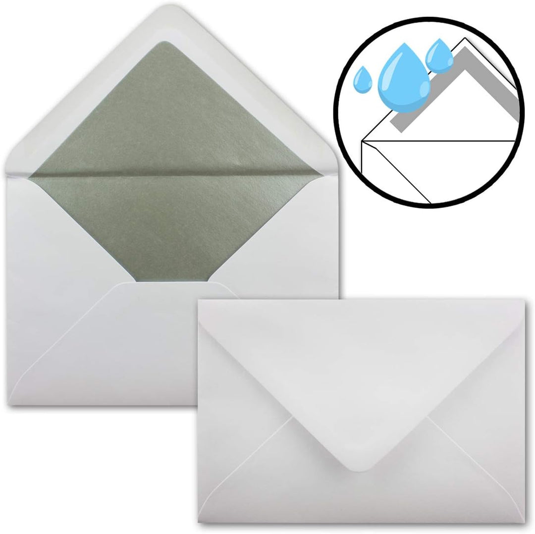 300x Briefumschläge B6 mit Silber Innenfutter - 12,5 x 17,6 cm - Weiss - gefüttert mit metallic Papi