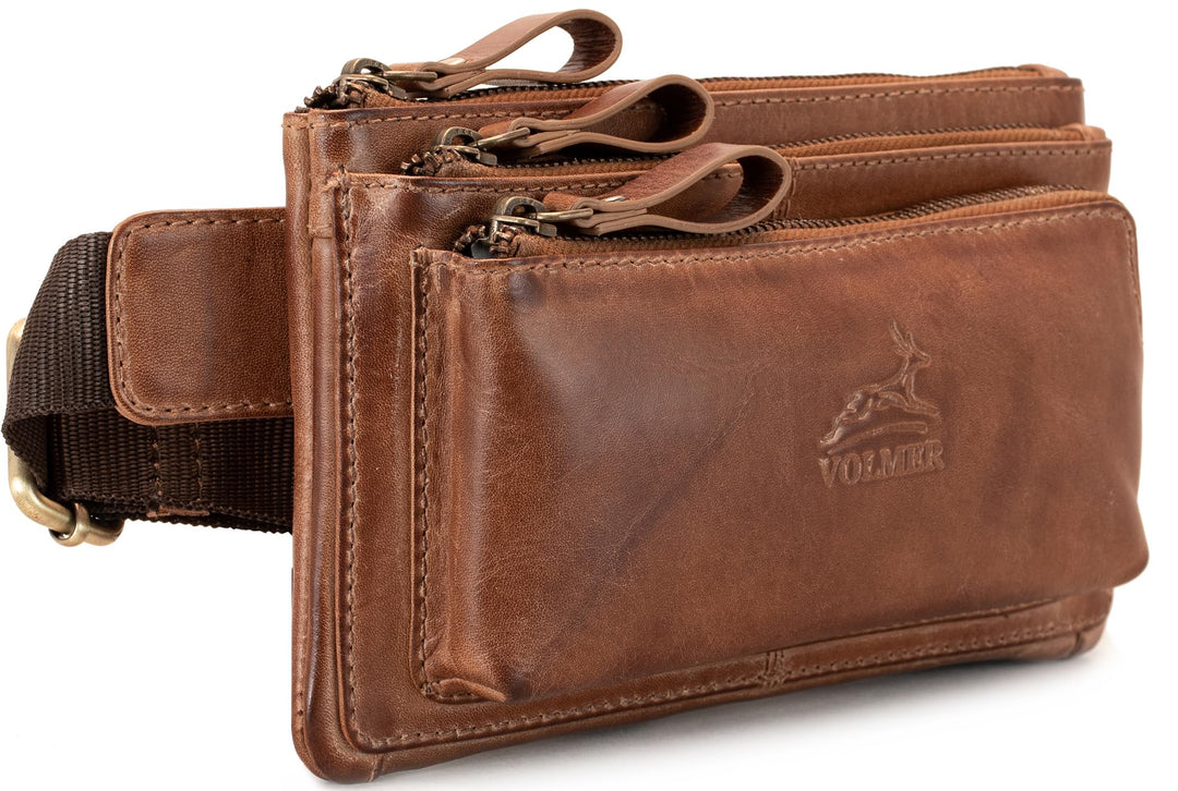 Fa.Volmer ® Bauchtasche/Gürteltasche/Hüfttasche in Echt-Leder für Damen und Herren | Braun | Verstel