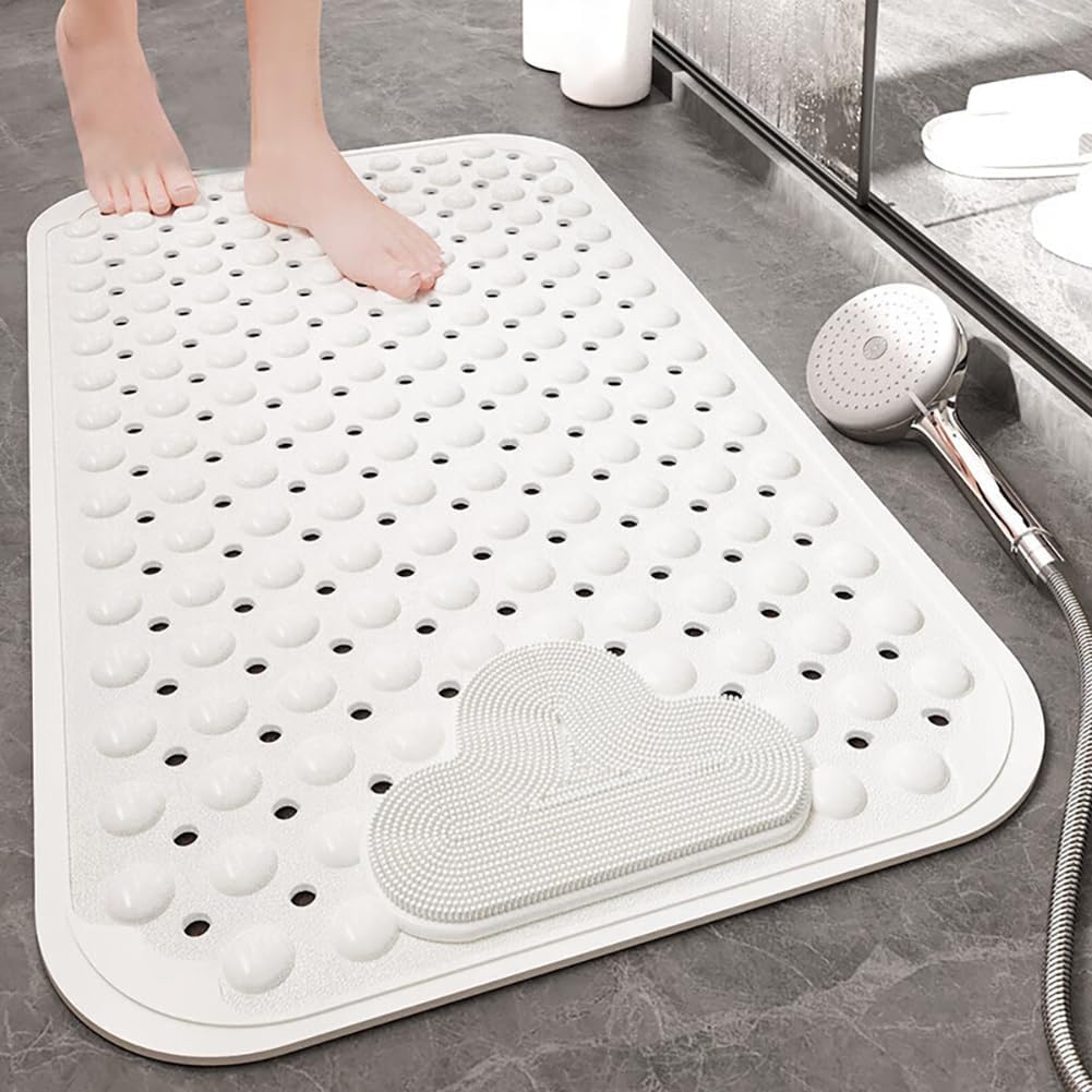 Duschmatte rutschfest 106x66cm,Antirutschmatte Dusche aus TPE,Weiss | mit Fussbürsten-Zone,mit Saugn