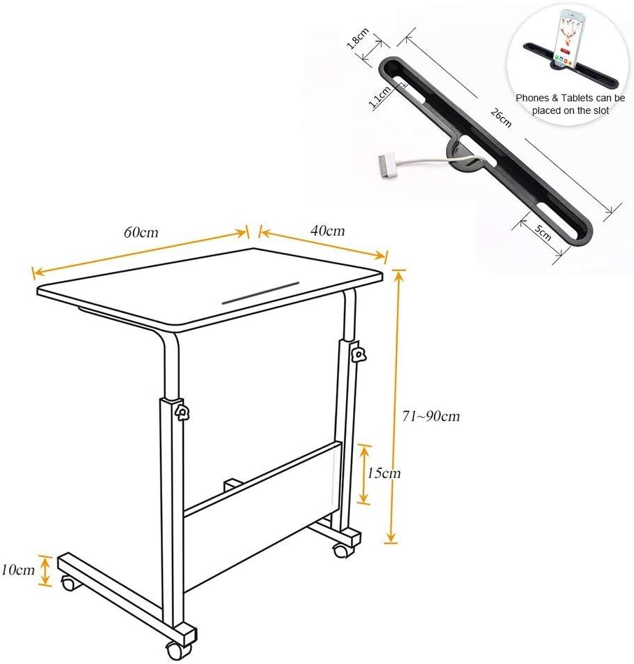 SogesHome Laptoptisch 60 * 40cm höhenverstellbar PC-Tisch mit Rollen, Betttisch, Beistelltisch ,Klei