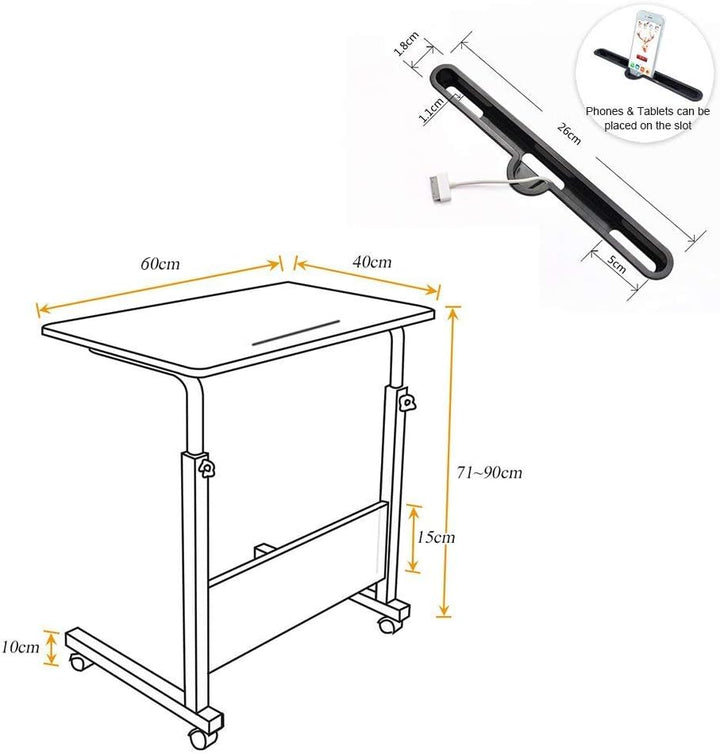 SogesHome Laptoptisch 60 * 40cm höhenverstellbar PC-Tisch mit Rollen, Betttisch, Beistelltisch ,Klei