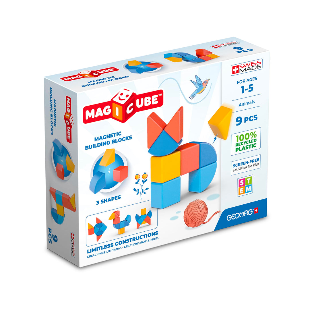 GEOMAG - MAGICUBE - 9 Magnetische Bausteine Rot/Orange/Blau - Pädagogisches Spielzeug Für Kinder Ab