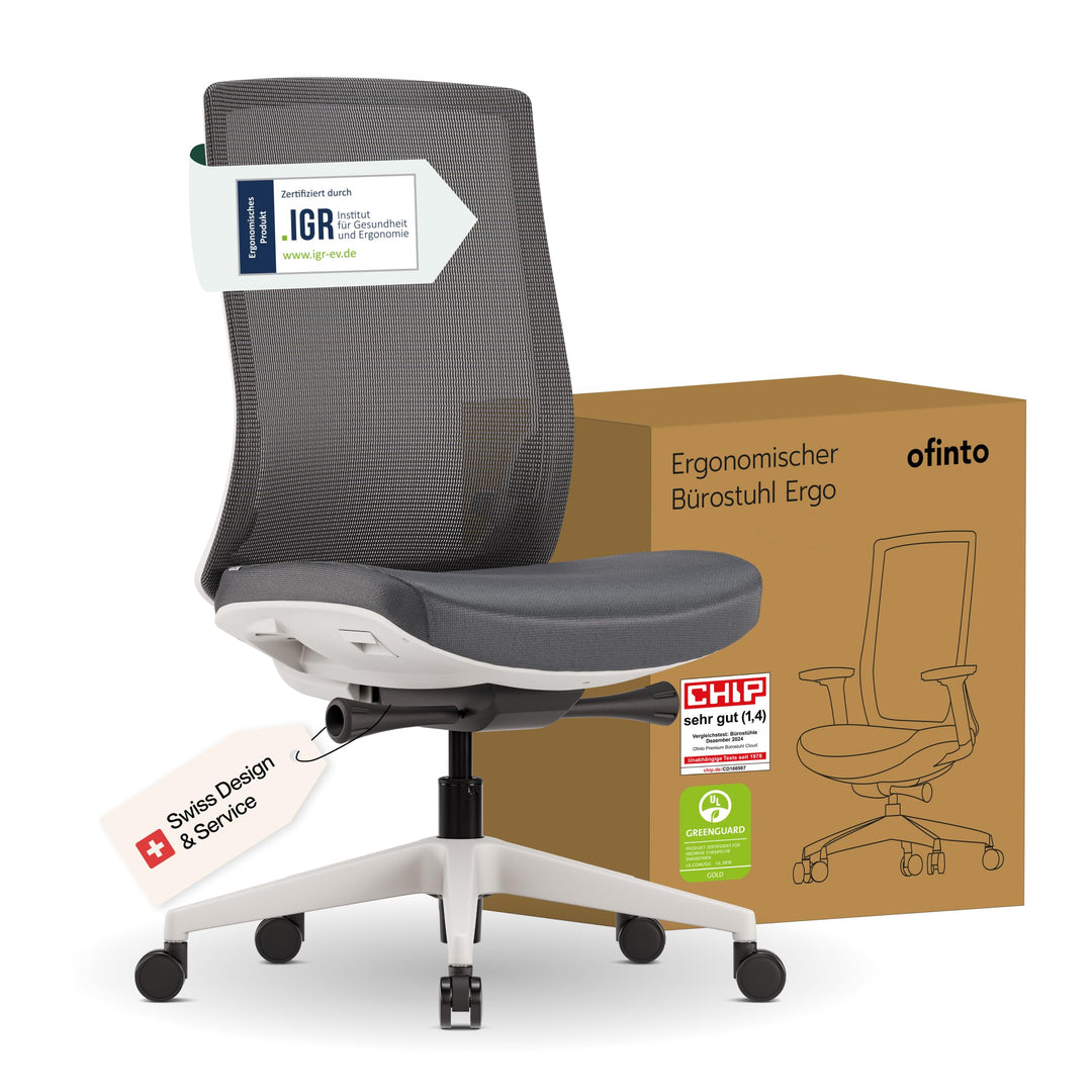 ofinto Ergonomischer Bürostuhl Ergo Ohne Armlehnen Verstellbar, Mit Lordosenstütze Weiss Weiss Ohne