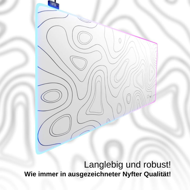 Nyfter - XXL Gaming Mauspad RGB White im Topography Design 900 x 500mm Premium Mousepad Size Gross v