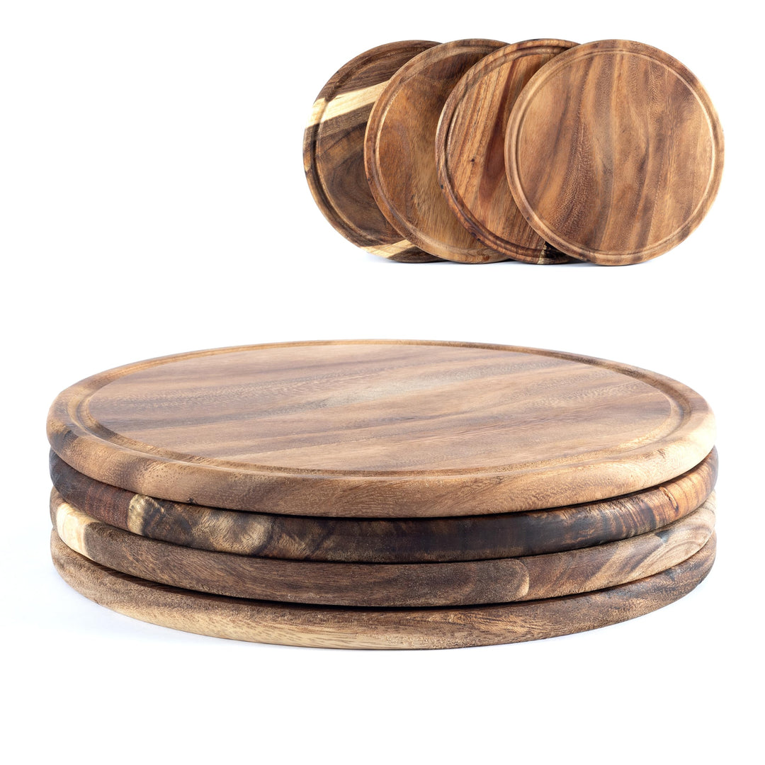 Fleischteller Akazie Ø 25 cm – 4er Set Holzteller rund – Vesperteller, Brotzeitbrett, Servierbrett,