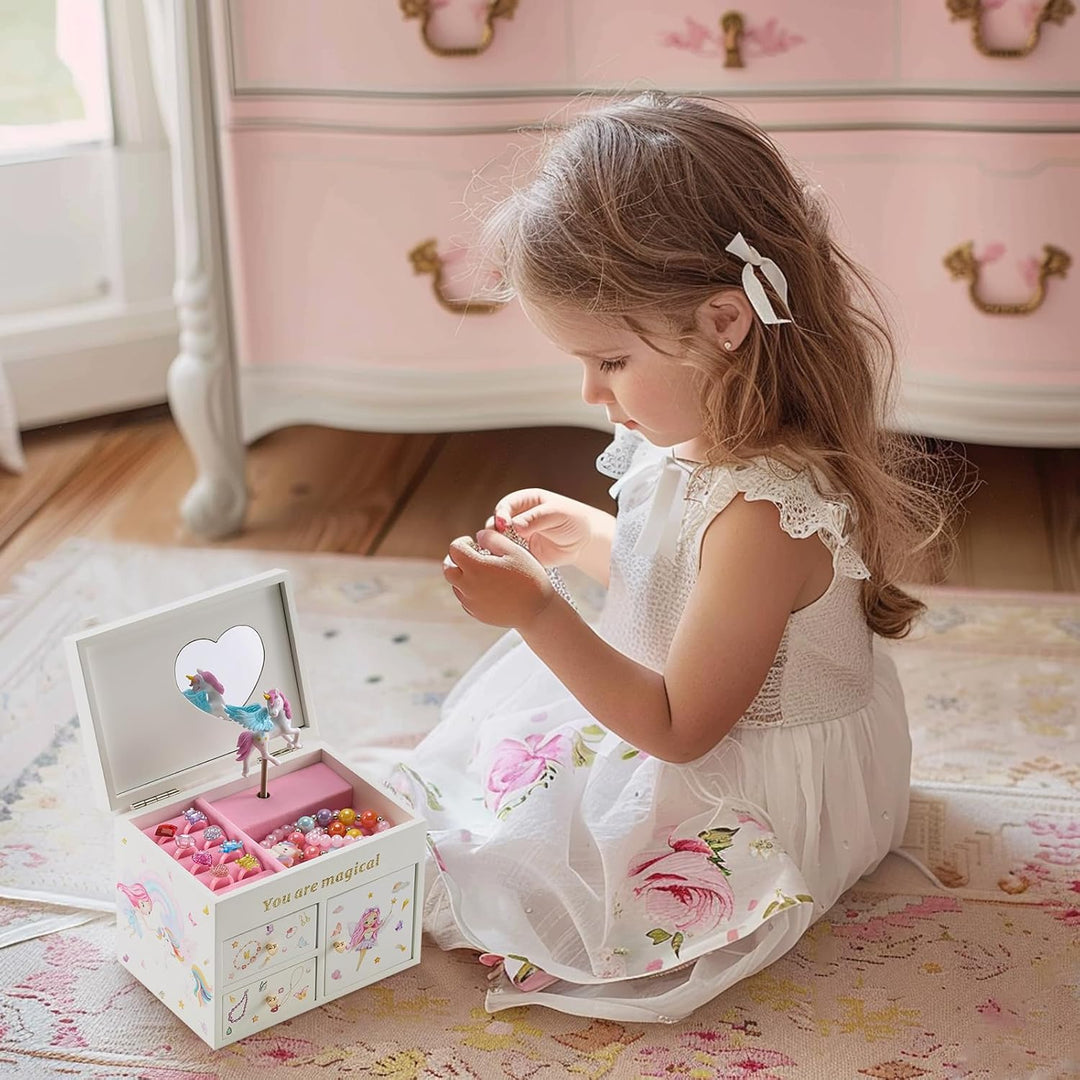 Lolalet Mädchen Schmuckkästchen, Holzschmuck Organizer mit Einhorn, Schmuckkasten für Halskette Ohrr