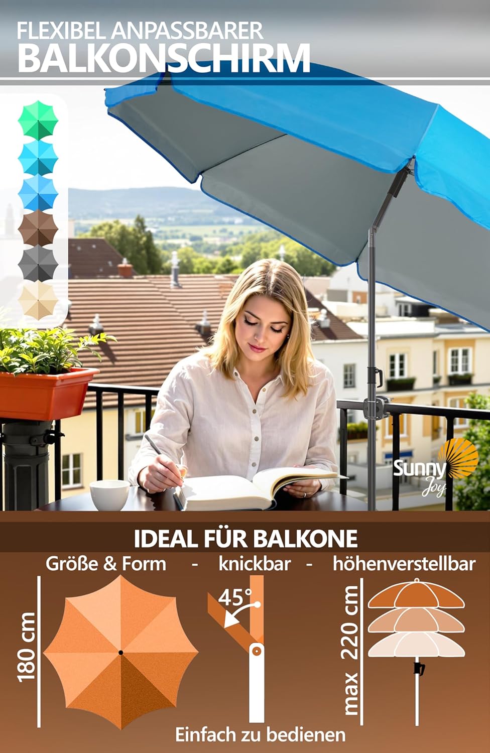 4smile Sonnenschirm Balkon SunnyJoy im 3er-Set - UPF 50+ Balkon Schirm 180 cm + Sonnenschirmhalter B