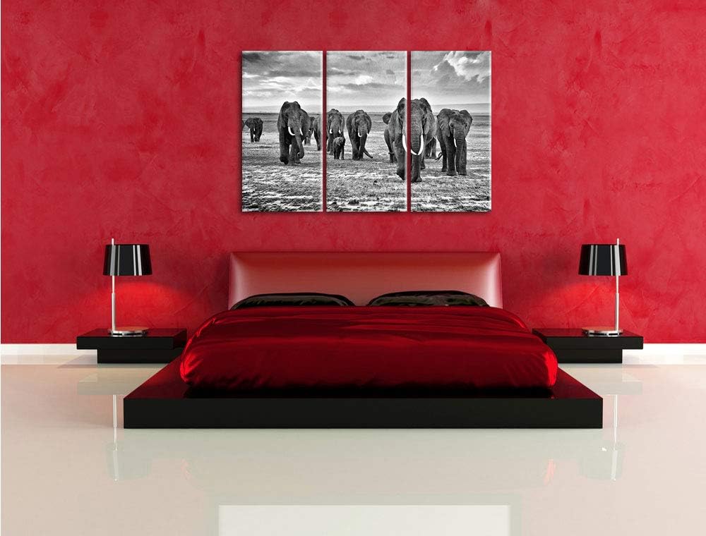 Pixxprint Elefanten Familie in der Savanne 3-Teiler Leinwandbild 120x80 Bild auf Leinwand