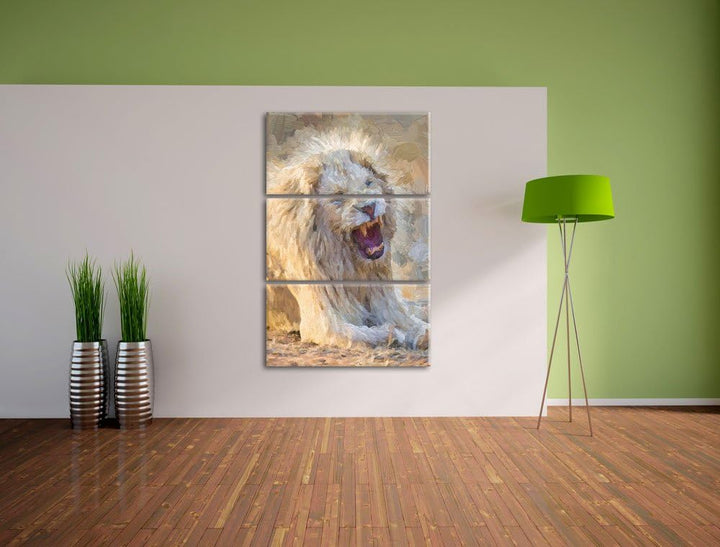 brüllender weisser Löwe Spezial 3-Teiler Leinwandbild 120x80 Bild auf Leinwand, XXL riesige Bilder f