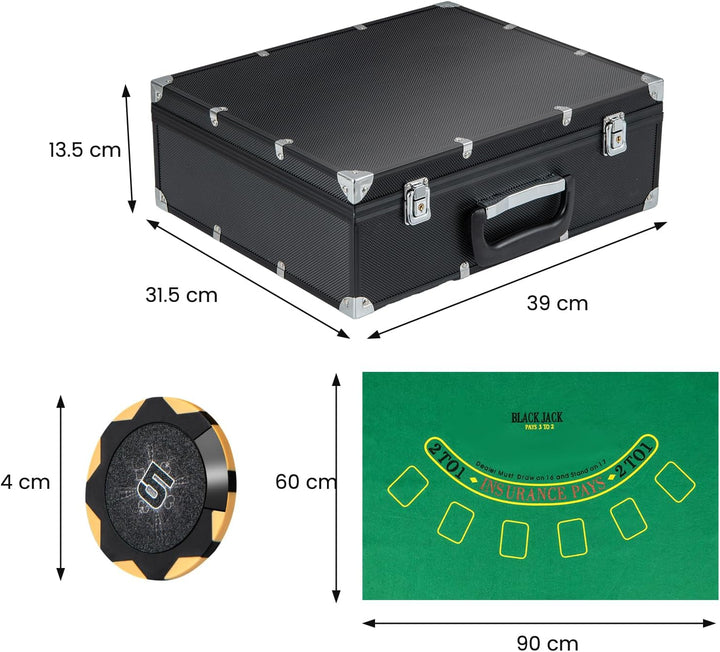 HOMASIS Pokerset Profi Deluxe 300/600 Laserchips, Alu Pokerkoffer mit 2/6 Kartendecks, 5 Würfeln, 3