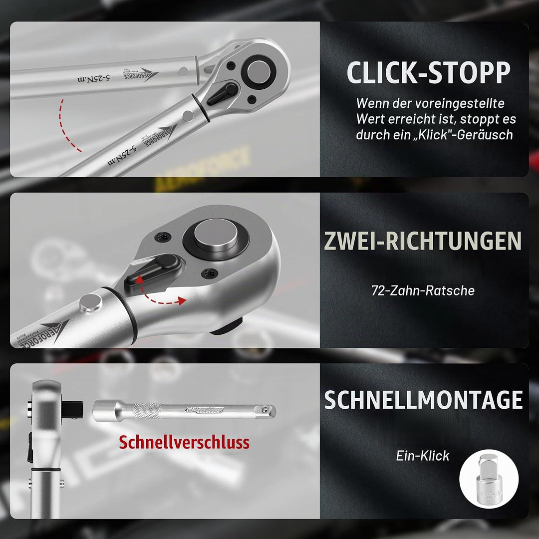 AEROFORCE 50 TLG Fahrrad-Drehmomentschlüssel-Set (5-25Nm), 1/4 Zoll Antrieb, Zoll-Pfund-Klick-Drehmo